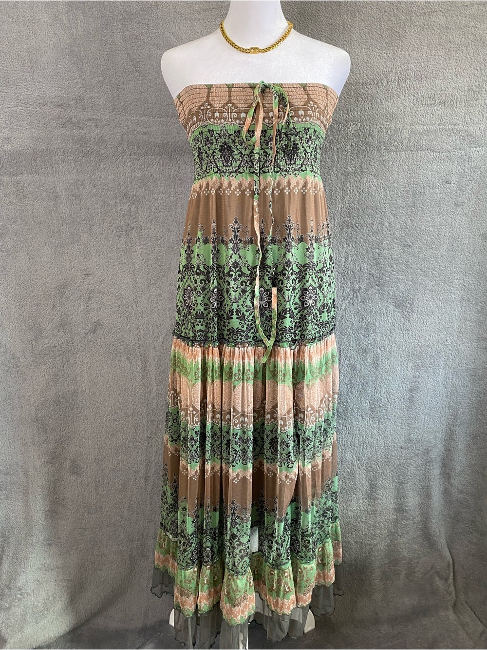 Lapis Strapless Mixed Print Maxi Dress L Smocked Bodice Tiered Skirt Fairycore